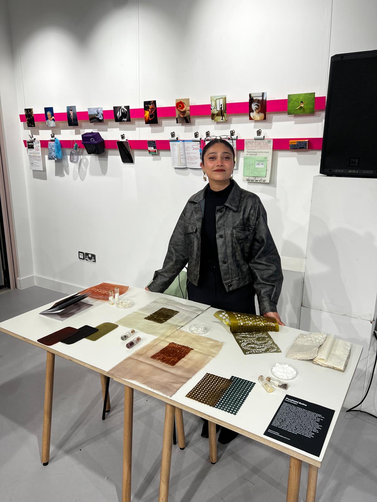 Poulami Saha presenting material samples at the Fibrelab Earth Week showcase